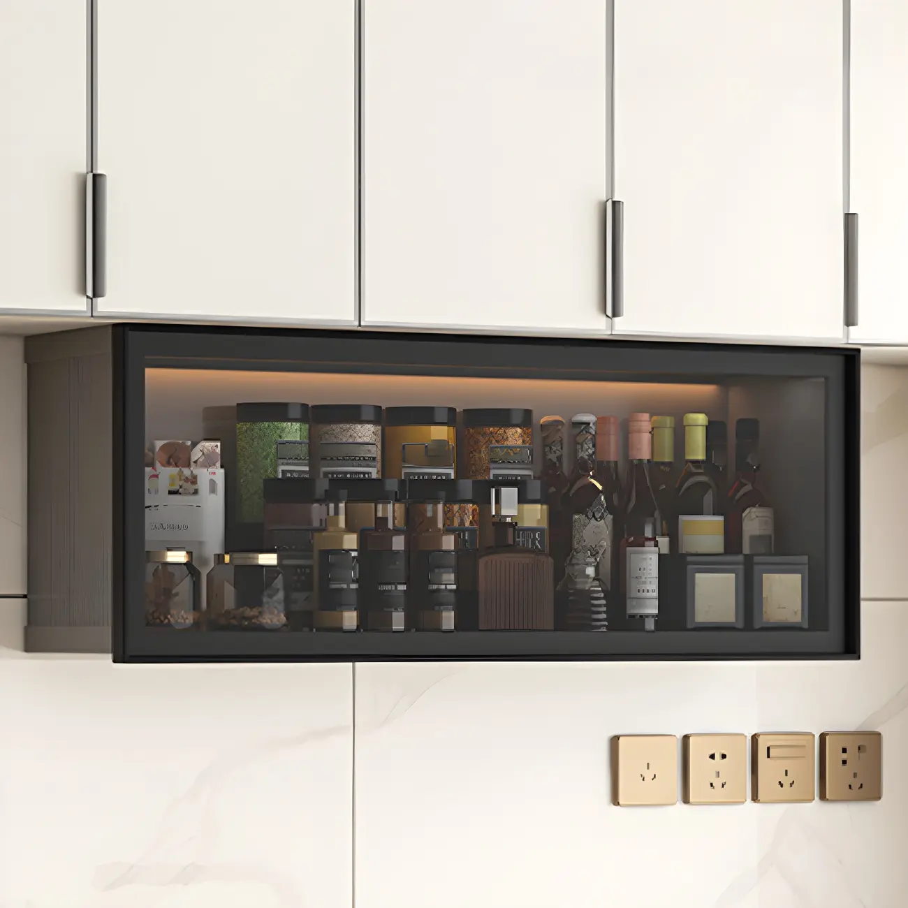 Grey Metal Floating Mounted Glass Kitchen China Cabinet