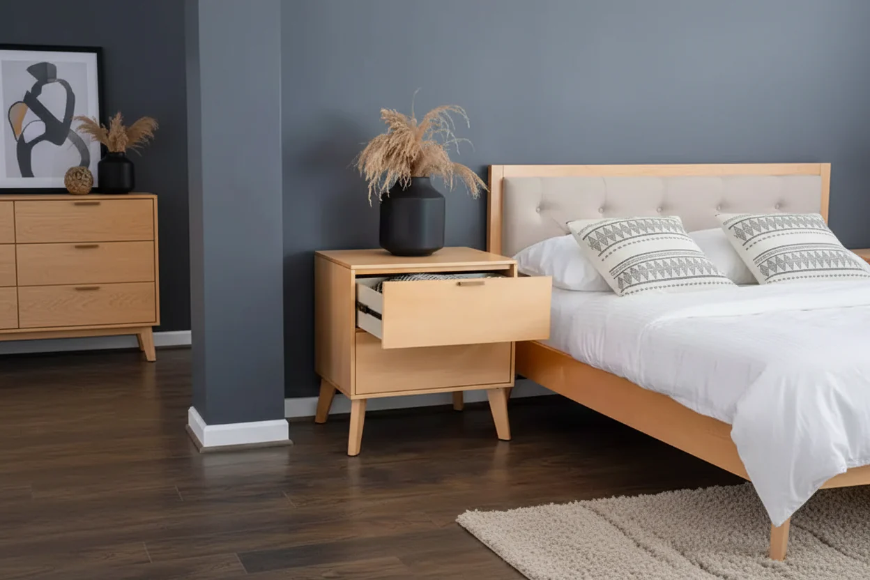 2-Drawer Nightstand – Natural Wood Finish, MDF & Rubberwood, 25.25