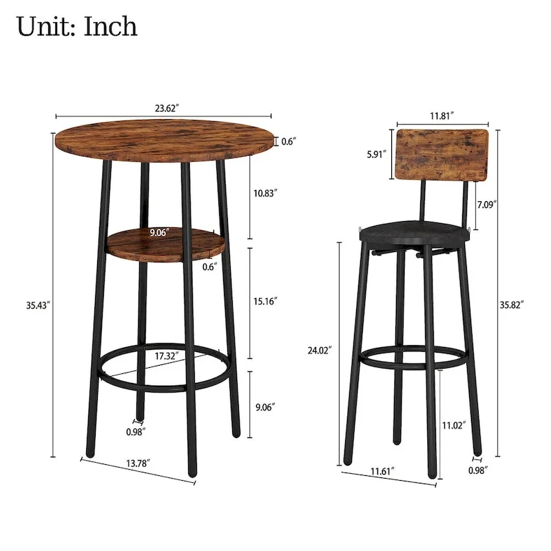 Grondin Industrial Style 3-Piece Round Bistro Pub Table Set with 2 PU Leather Bar Stools and Shelf, Counter Height Bar Table Set