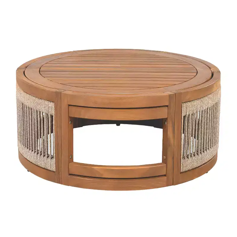 27.95-Inch Acacia Wood Outdoor Coffee Table with Handwoven Rope Accent, Boho Design, for Patio