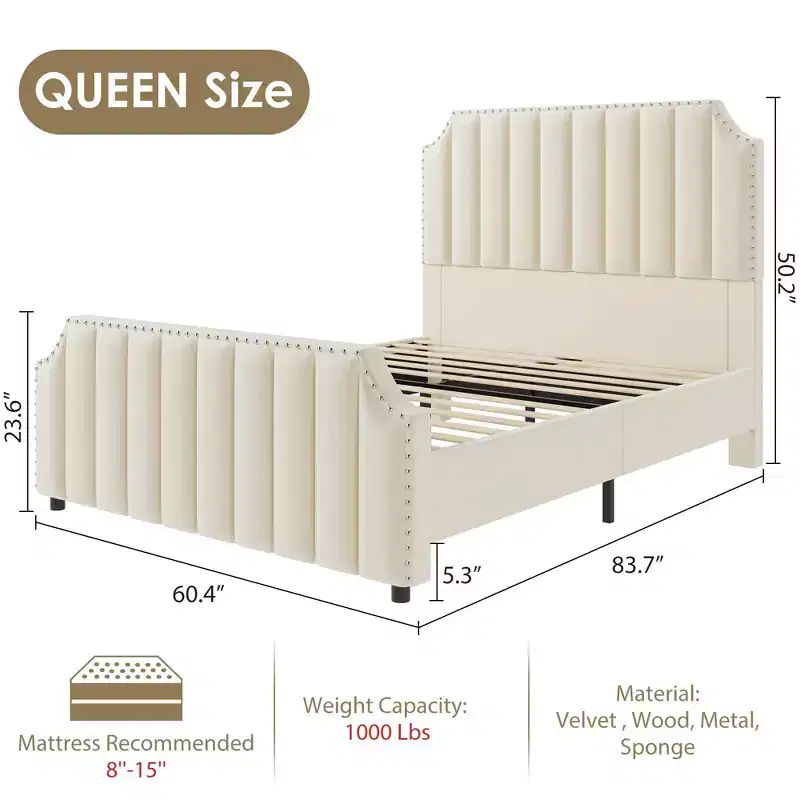Whizmax Velvet Bed Frame, 50.2 Upholstered Headboard, Footboard with Nailhead Trim, No Box Spring Needed, Solid Wood Slats, Noise Free