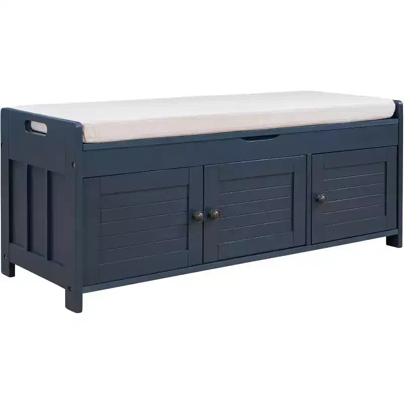 Antique Navy / Espresso / White Storage Bench with Cushion, 3 Shutter Doors, 1-Seat