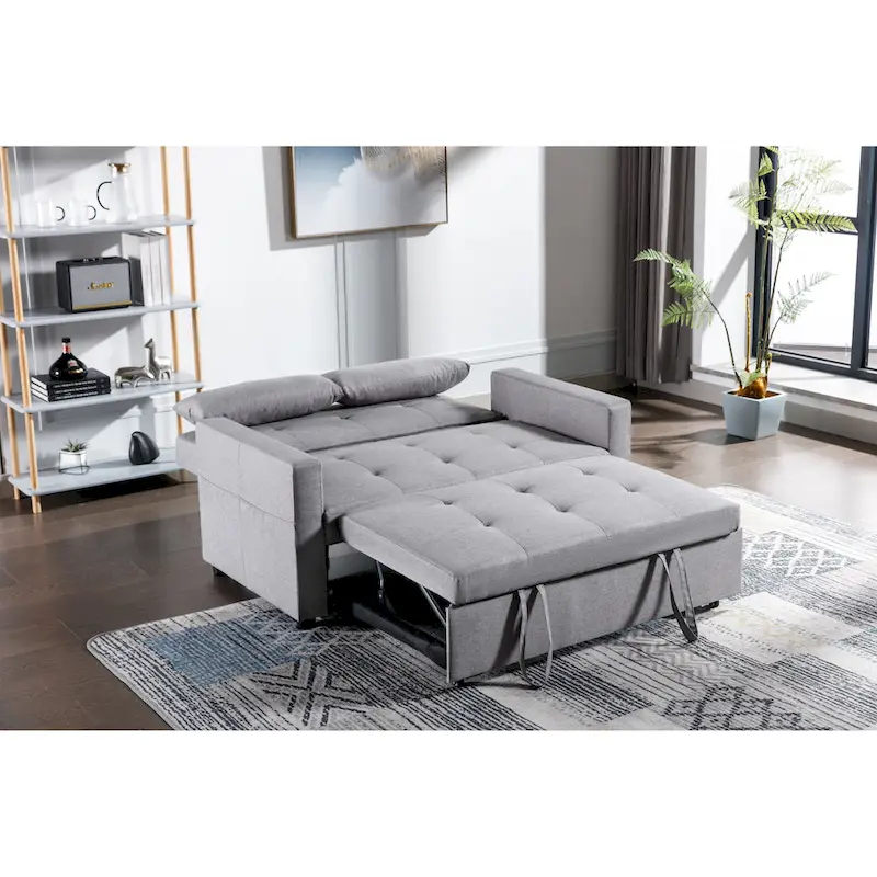 Light Grey Linen Fabric 3-In-1 Convertible Sleeper Loveseat With Side Pocket