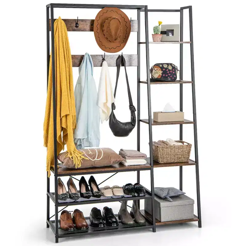 Costway 5-In-1 Entryway Coat Rack Storage Shoe Bench Freestanding Wooden Hall Tree