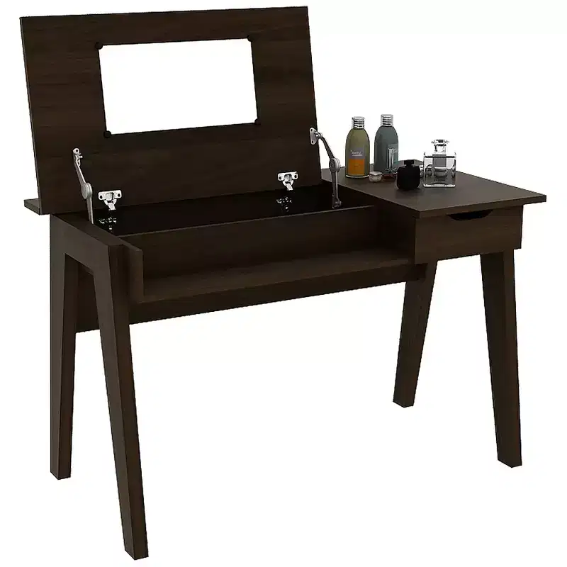Vanity Table with Flip Mirror and Writing Desk, Storage Drawer, Walnut