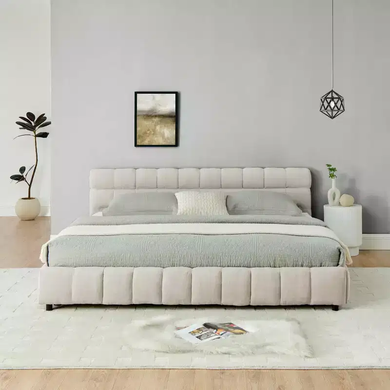 King Size Upholstered Bed with Headboard Solid Bed Frame Drawer for Bedroom Beige