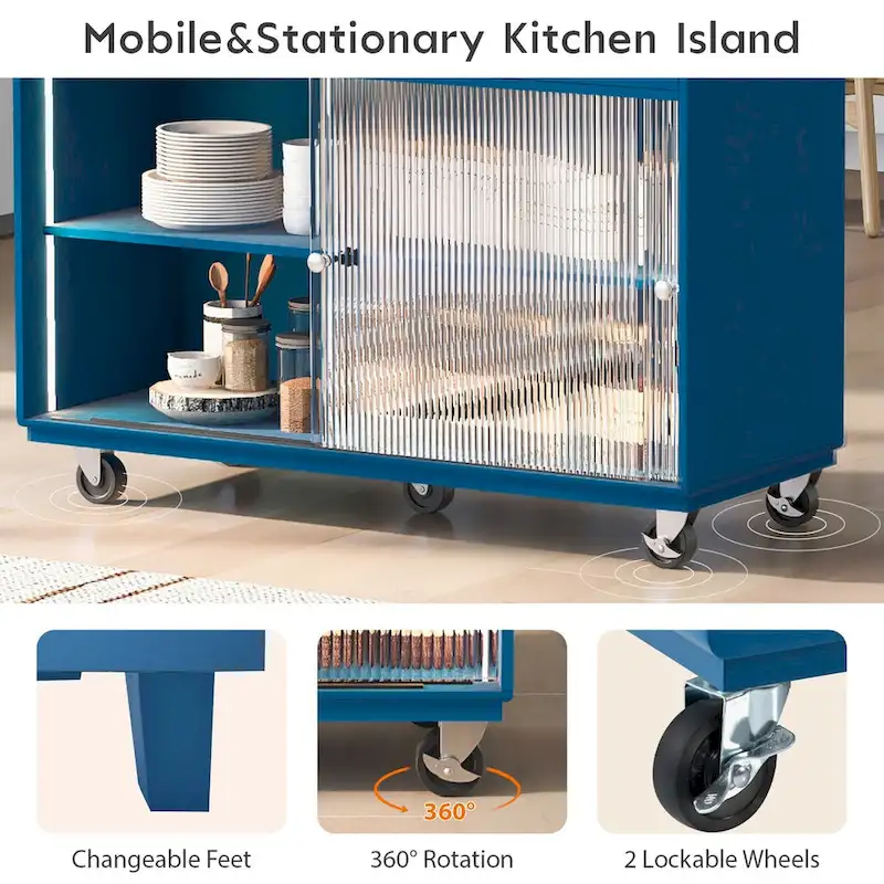 44 in. W Kitchen Island Rubberwood Drop-Leaf Countertop on 5 Wheels with Open Shelf and Wine Rack - 44