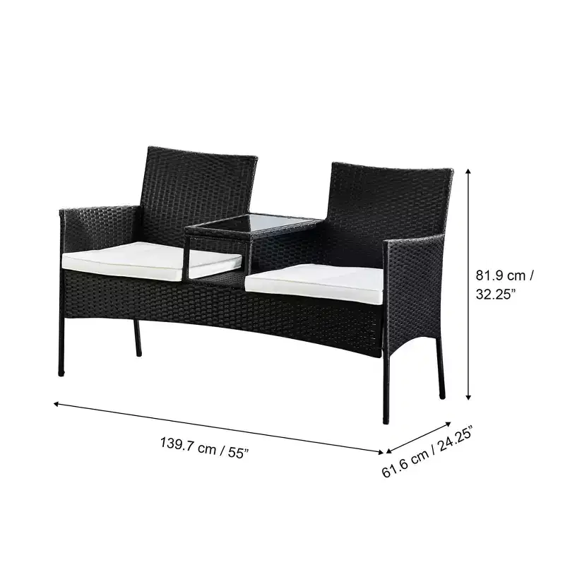 Teamson Home Outdoor Wicker Loveseat Bench with Table and Cushions, Black