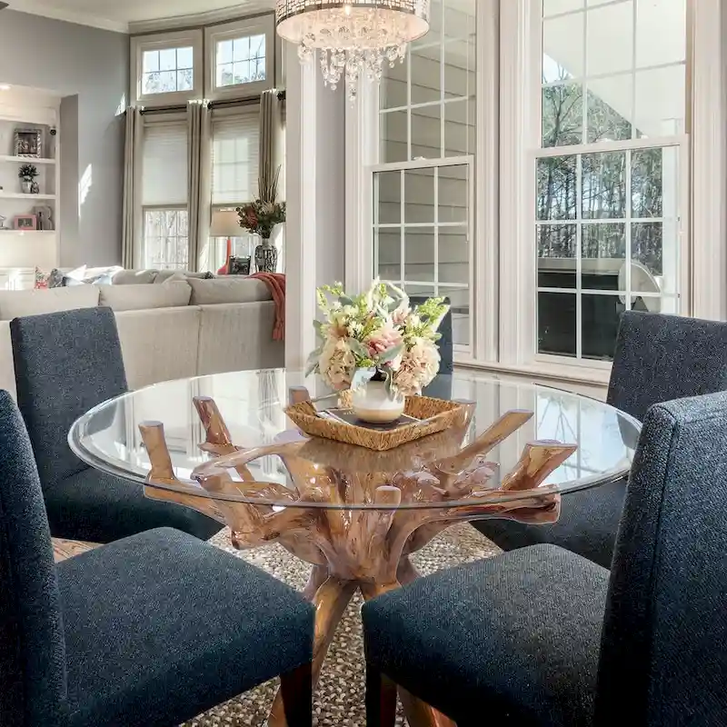 Rustic Teak Wood Root Dining Table with 48-Inch Round Glass Top