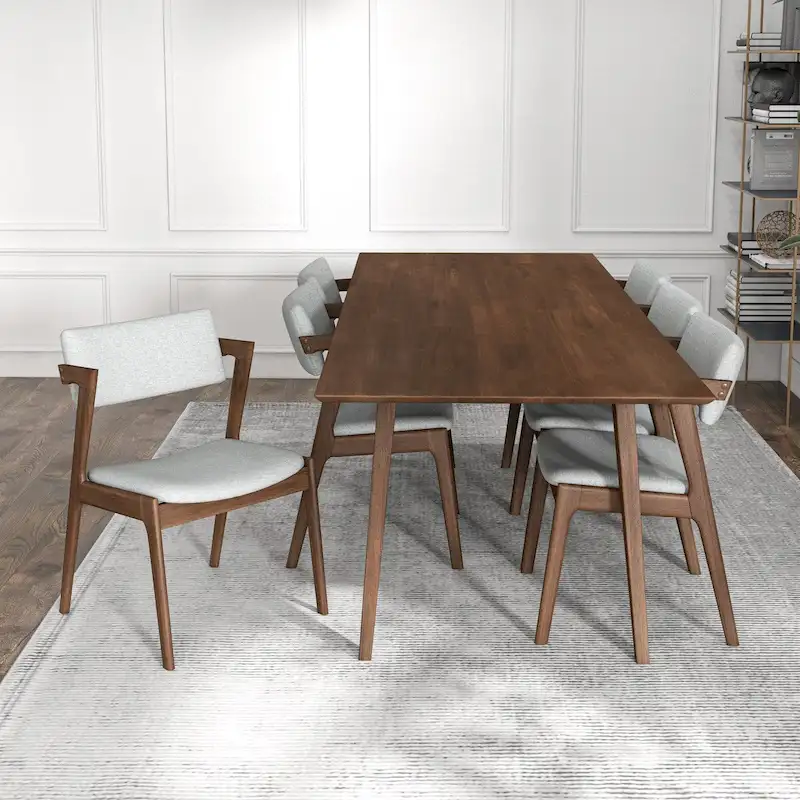 Ayven Mid-Century Style 7 Piece Solid Wood Dining Set in Walnut Brown