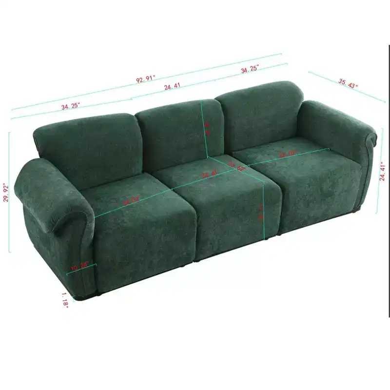 GDFStudio Khalid Modern 93 3-Seater Wood and Iron Chenille Upholstered Sectional Sofa with Split Backrest