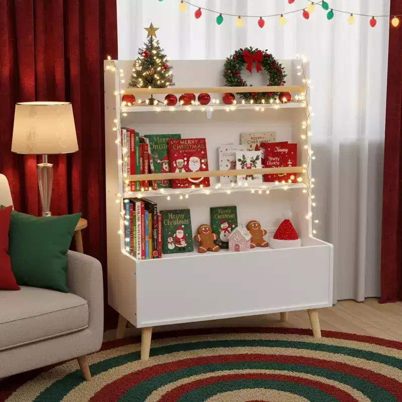 Kids Bookshelf with Open Shelves & Storage Bin, White Bookcase with Wooden Legs for Playroom