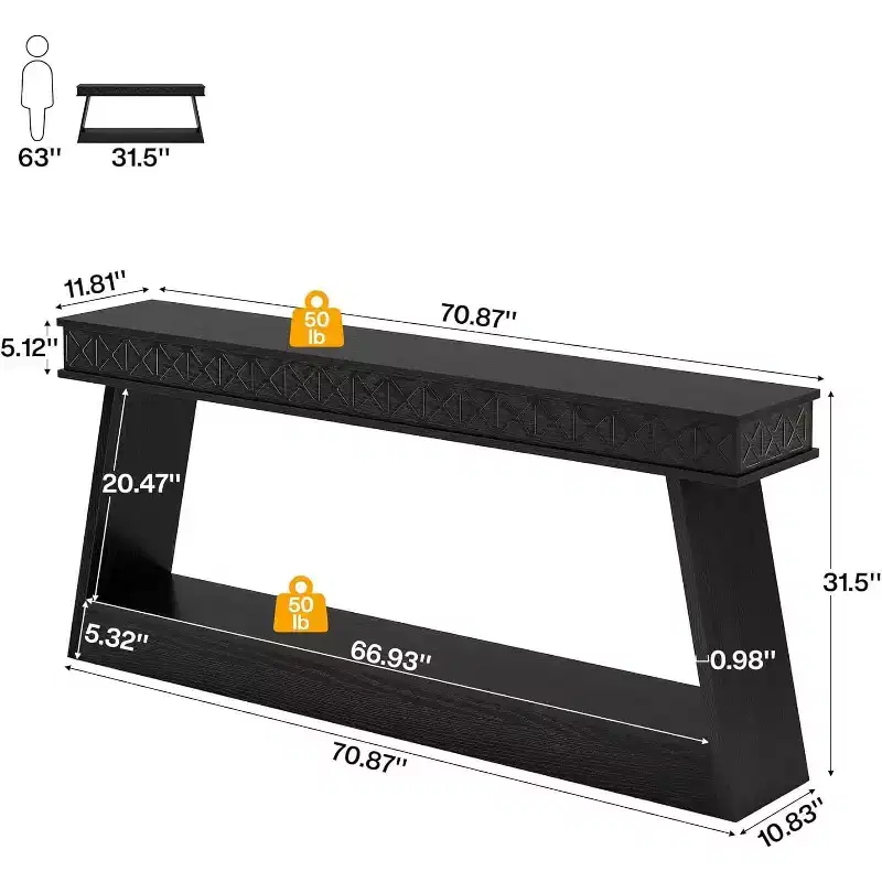 Lantine 71-Inch Modern Console Table, Extra Long 2-Tier Narrow Sofa Table with Storage for Entryway, Living Room, Hallway, Foyer, Black