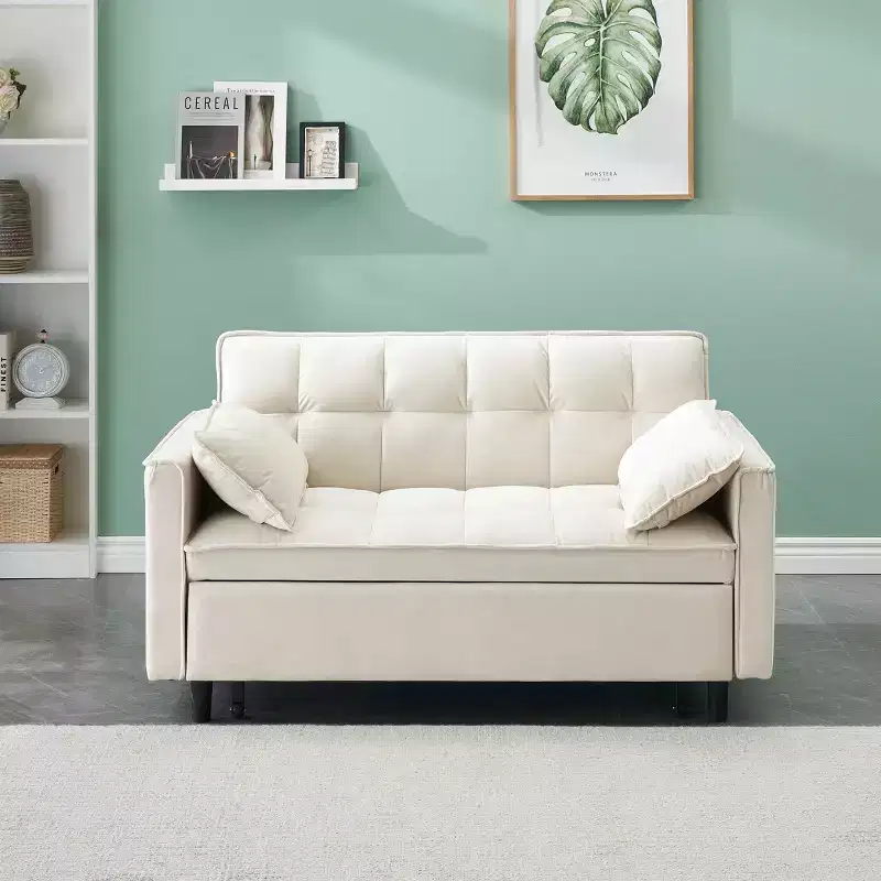 Velvet Loveseat Sleeper Sofa with Pull-Out Bed – Beige
