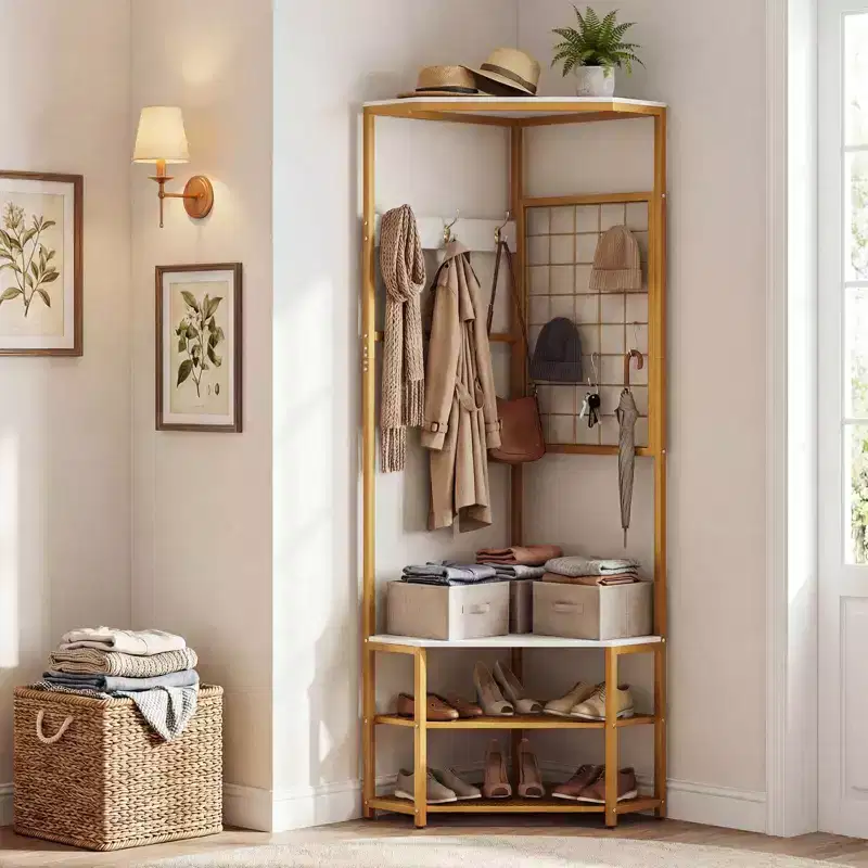 Costway Corner Hall Tree, Freestanding Coat Rack with Storage Shelves & Removable Hooks Rustic Brown + Black/Gold + White