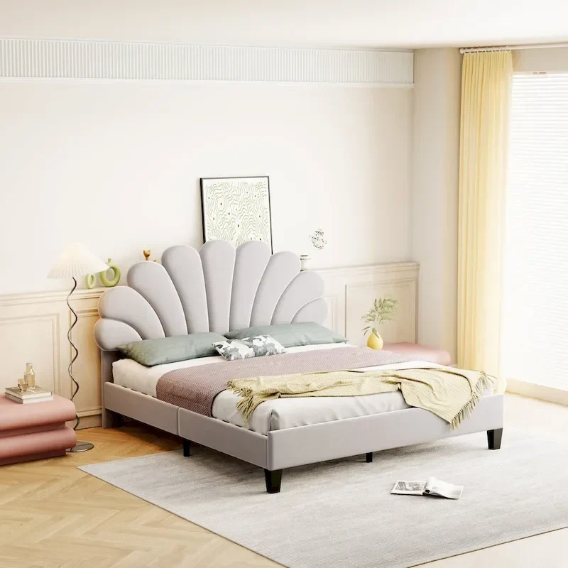 Upholstered Platform Bed with Flower Pattern Headboard