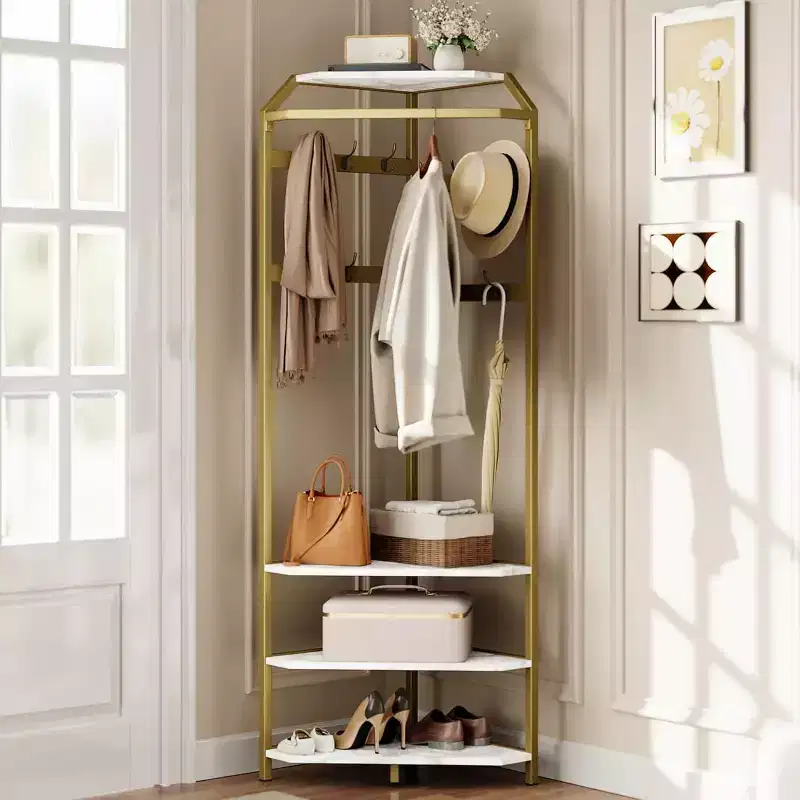 Multi-Level Corner Coat Rack, Entryway Hall Tree with Shoe Storage & 12 Hooks, 3-Tier Shelves for Compact Spaces in Bedroom/Living Room