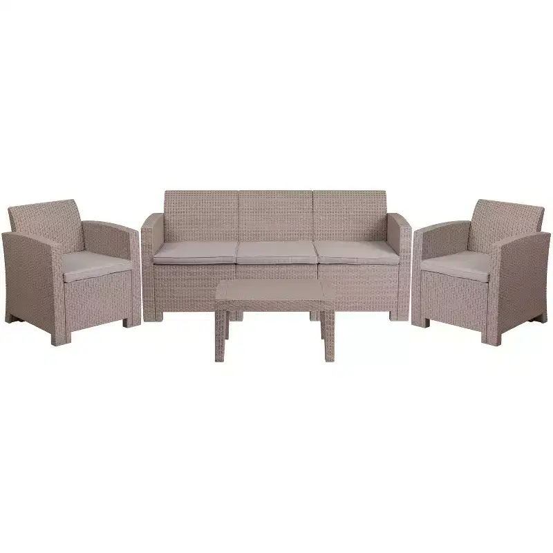 Merrick Lane 4 Piece Faux Rattan Patio Furniture Set with 2 Chairs and Sofa with Removable Beige Cushions and Table