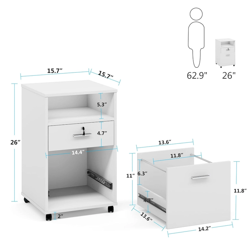 Mobile File Cabinet with 2 Drawer and Lock, Printer Stand with Rolling Wheels