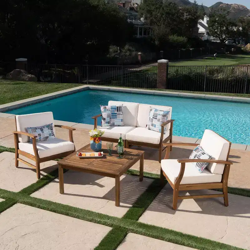 GDFStudio Abena Outdoor Acacia Wood 4 Seater Chat Set with Cushions, Teak and Cream