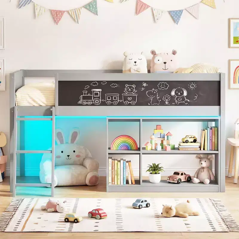 Costway Kids Loft Bed w/LED Lights Chalkboard & Removable Bookcase Safety Guardrail