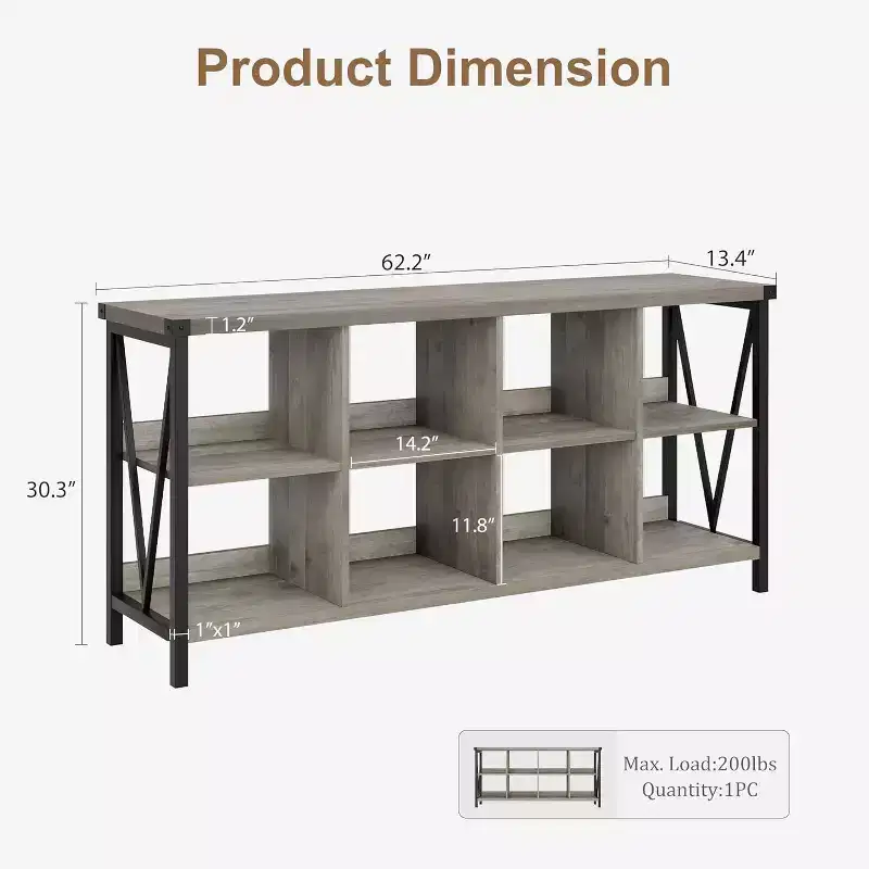 Acekool 62 8-Cube Storage Organizer Console Bookshelf, 3-Tier Industrial Metal & Wood Horizontal Shelf for Entryway, Living Room