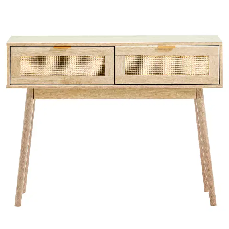 Rattan Console Table with 2 Storage Drawers and Sliding Door, Natural