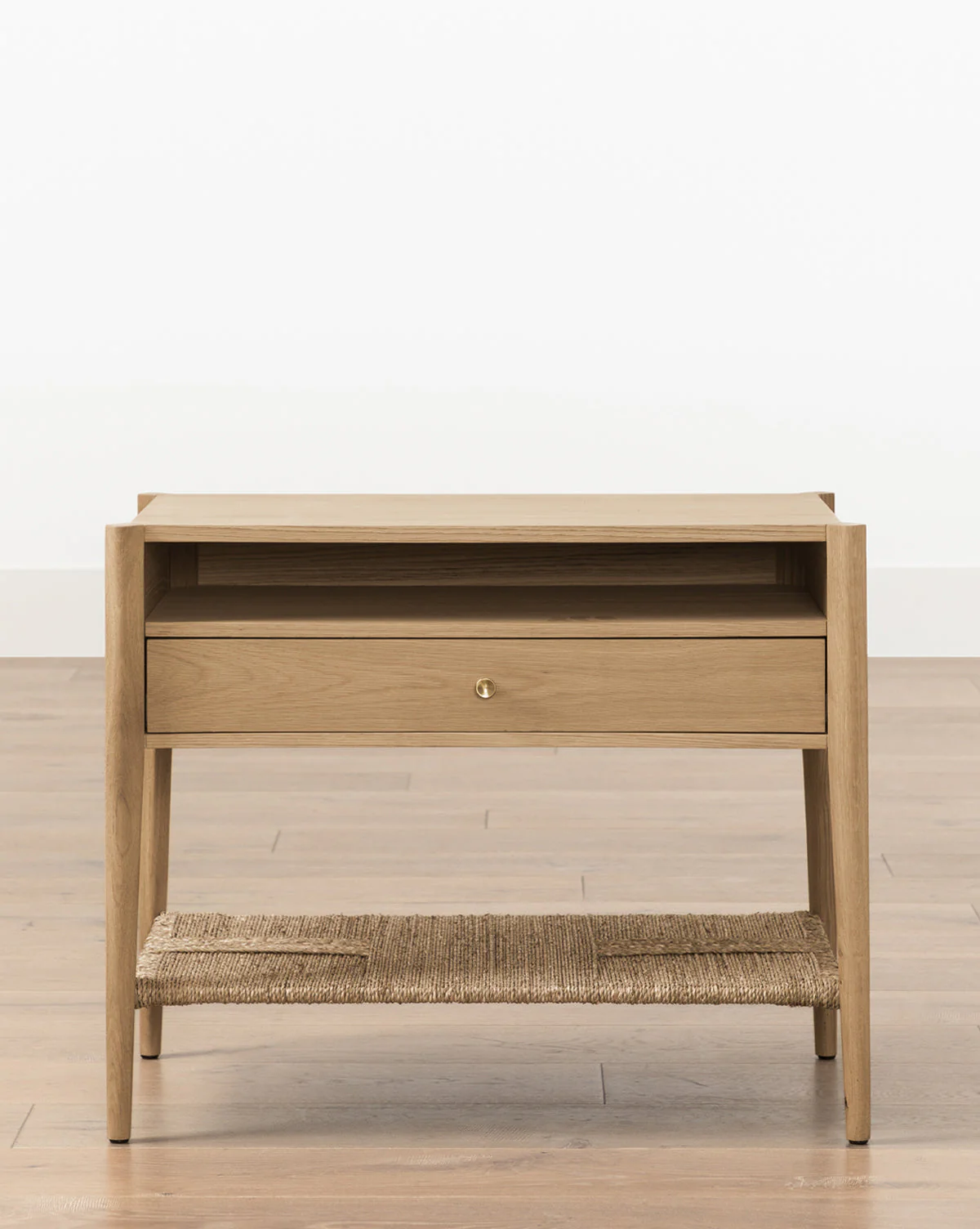 Coastal White Oak Nightstand with Woven Seagrass Shelf & Brass Hardware for Bedroom