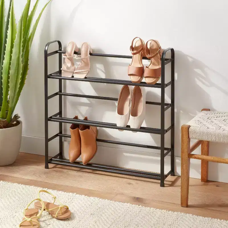 Small Space Metal Shoe Rack Black Steel Frame Freestanding Holds 9 Pairs
