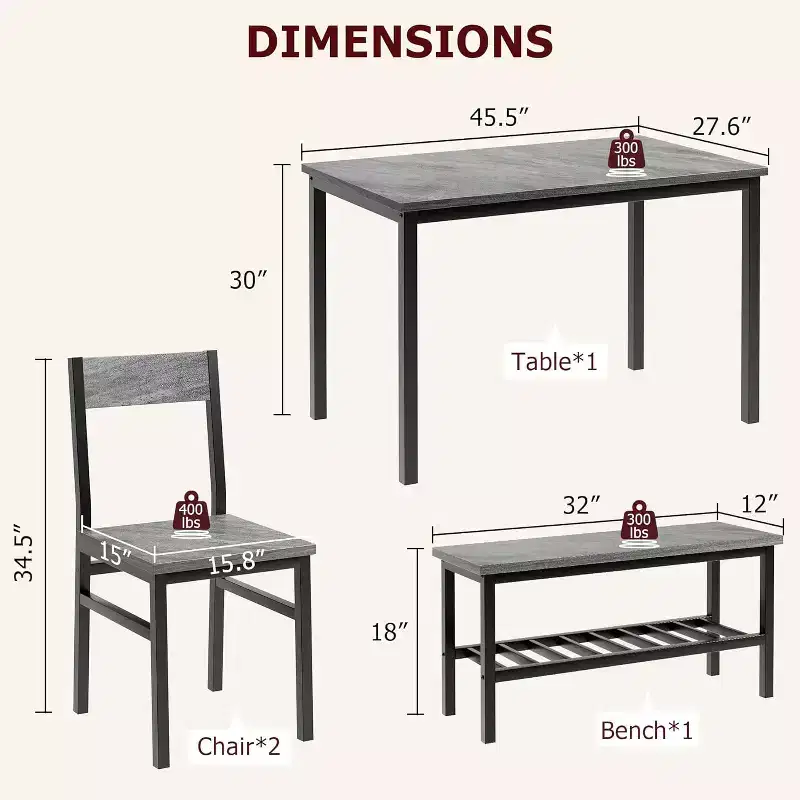 Dining Table Set for 4 with Bench, Kitchen Table Set with Bench, Dining Room with Storage Racks