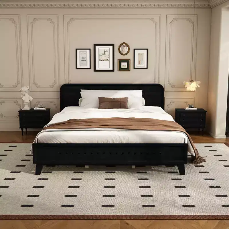 Queen/King Size Bed Frame, Pine Wood Platform Bed with Headboard, No Box Spring Needed
