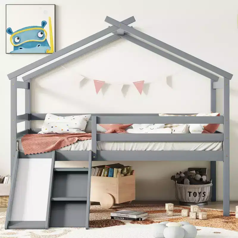 81.7L x 67.6W Twin Low Loft House Bed with Slide, Ladder, Safety Guardrails, House Roof Frame