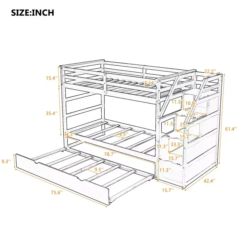 Twin Over Twin Bunk Bed with Trundle & Storage Stairs, Full-Length Guardrails