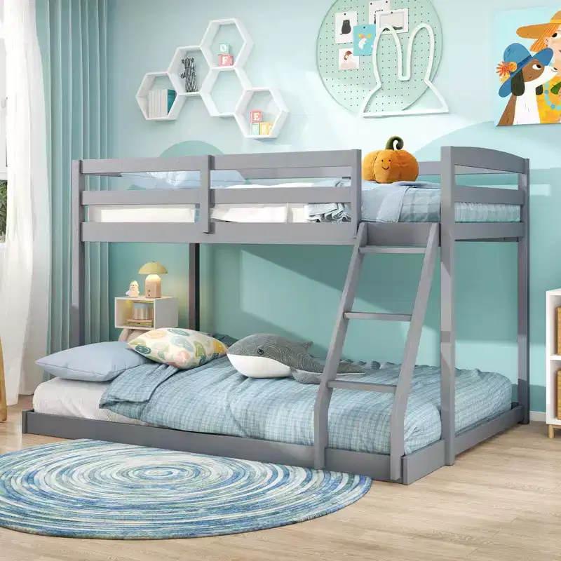 Twin Over Full Bunk Bed with Integrated Ladder & Safety Guardrails Solid Wood Gray/White
