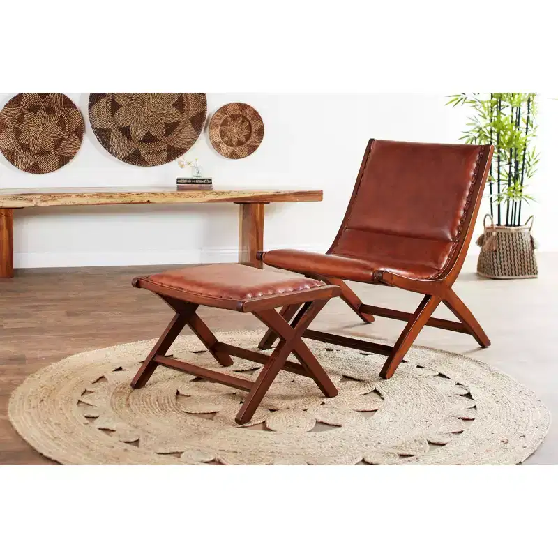 Set of 2 Traditional Teak Wood Accent Chairs with Ottoman Brown - Olivia & May