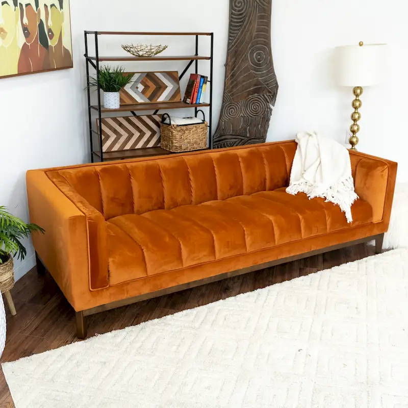 Mid-Century Modern 2-Seater Sofa | Velvet & Boucle | Green / Ivory / Orange