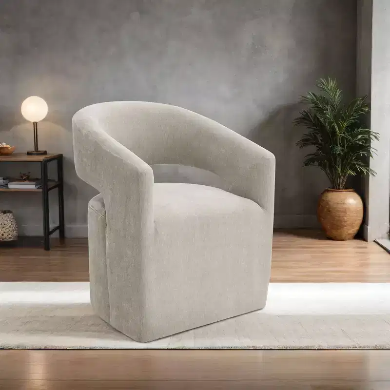 Barrel-Back Accent Chair with Pedestal Base, Casters & Neutral Fabric