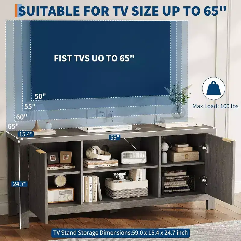 Mid Century Modern TV Stand with Fluted Design and Storage Cabinets, Entertainment Center with Open Shelves for Living Room