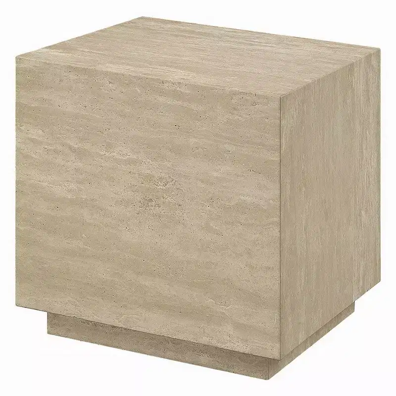 Royal Hampton Side End Table, 19 Inch Square Travertine Top, Natural Wood Beige