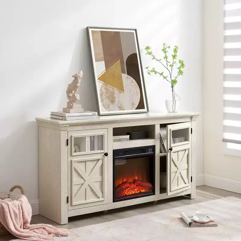 JVNOXK 60.23-inch Modern Farmhouse TV Media Stand Double-Door Farmhouse-Style Cabinet Large Barn-Style Home Entertainment Center White