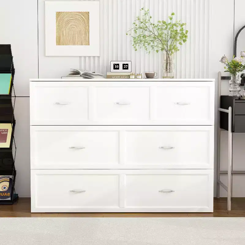 White Pull-Out Murphy Bed with Drawer & Charging Station – Full/Queen, 1–2 Person