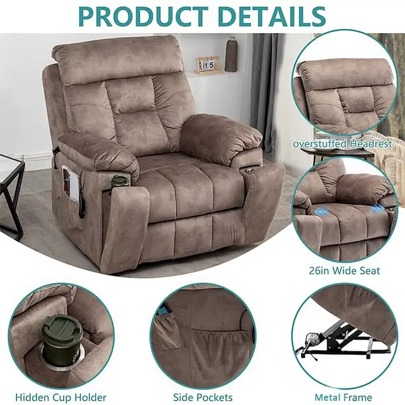 Large Electric Massage Lift Recliner with Heat, Hidden Cup Holder