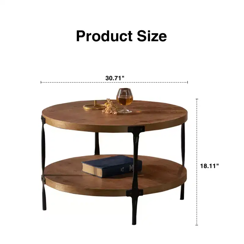 GDFStudio Bernie Modern Industrial Two-Tier Handcrafted Wood Round 30.71 Coffee Table with Metal Legs
