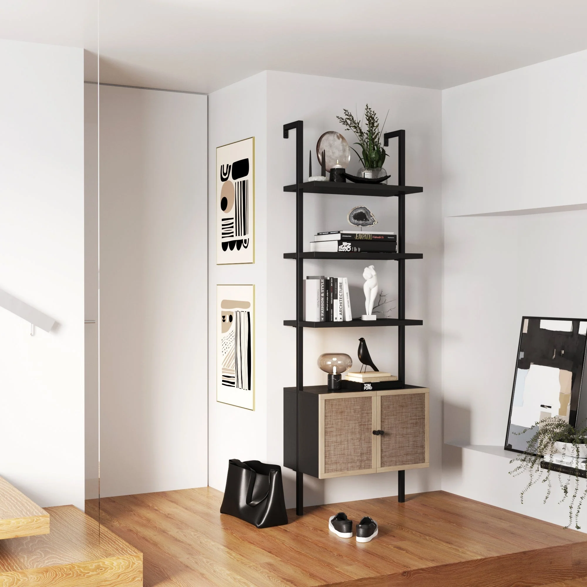 Rattan Ladder Storage Bookshelf with Doors Black