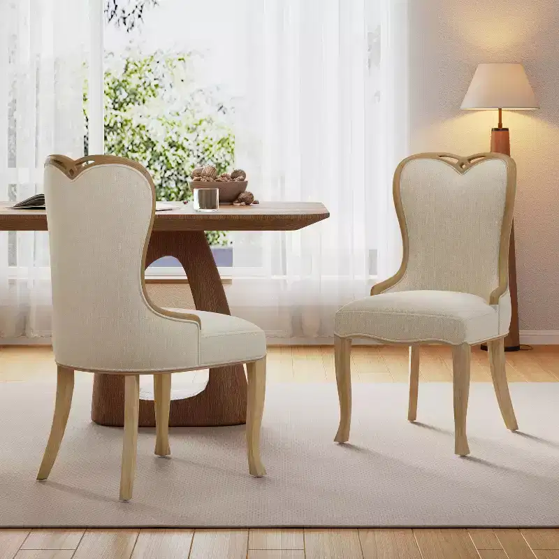 French Country Wingback Rubberwood Dining Chairs – Upholstered, Set of 2