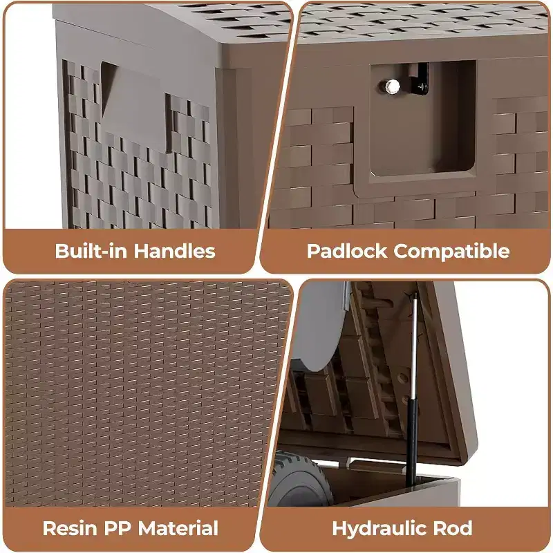 99-Gallon Rattan Pattern Plastic Deck Box with Seat Function – Brown