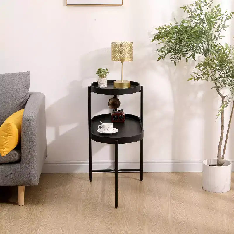 2 Tier Side Table with Storage Shelf, Sturdy Metal Frame Coffee Table for Small Spaces, Slim Nightstand for Couch, Living Room, Bedroom