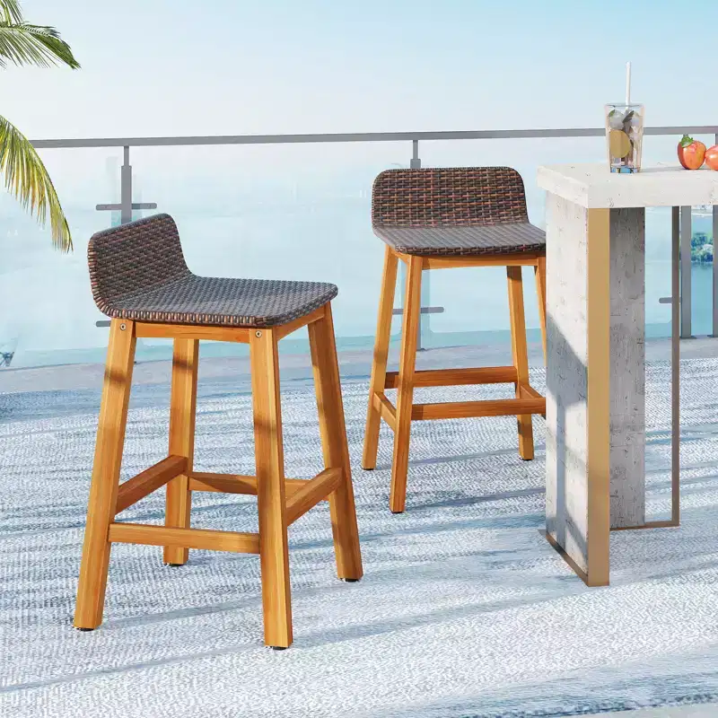 Costway Solid Acacia Wood Bar Stools Set of 2 Rattan Bar Height Patio Chairs for Porch