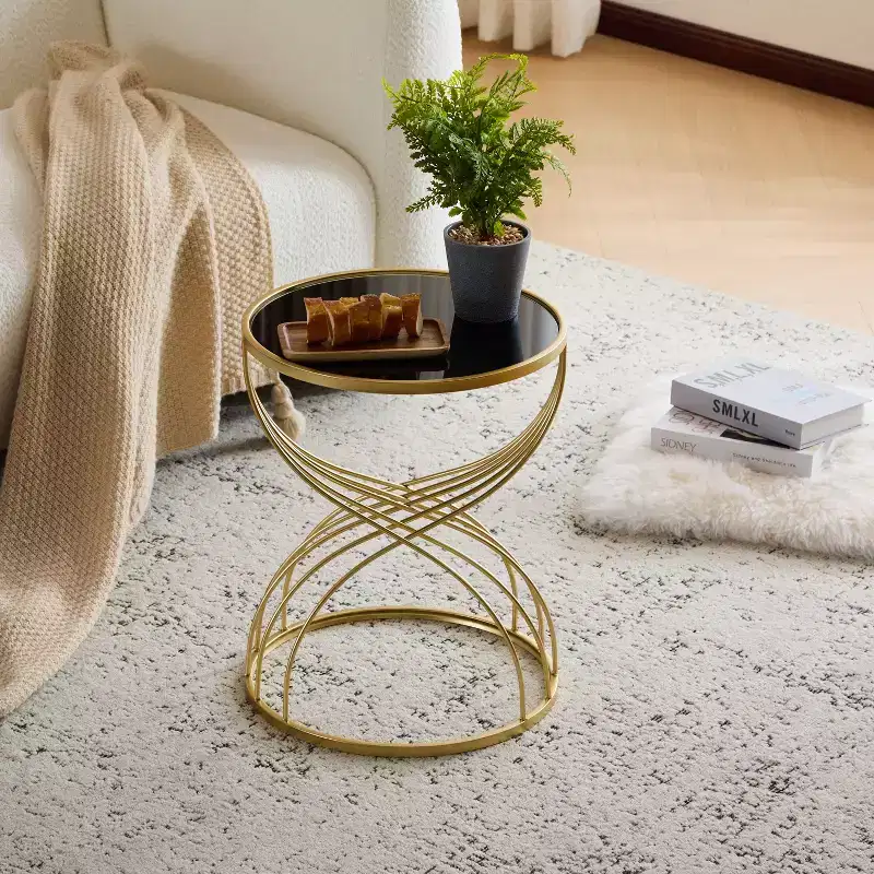 Elegant Modern Hourglass Side Table with Black Glass Top and Gold Metal Base