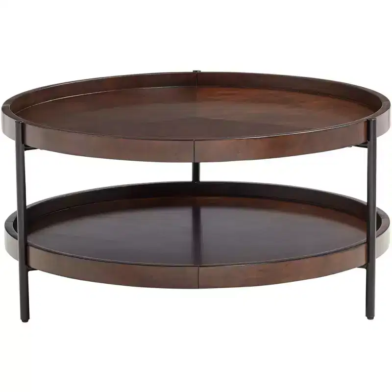 Modern Industrial Round Coffee Table 36 Wide with Lower Shelf, Dark Brown, for Living Room Bedroom Bedside